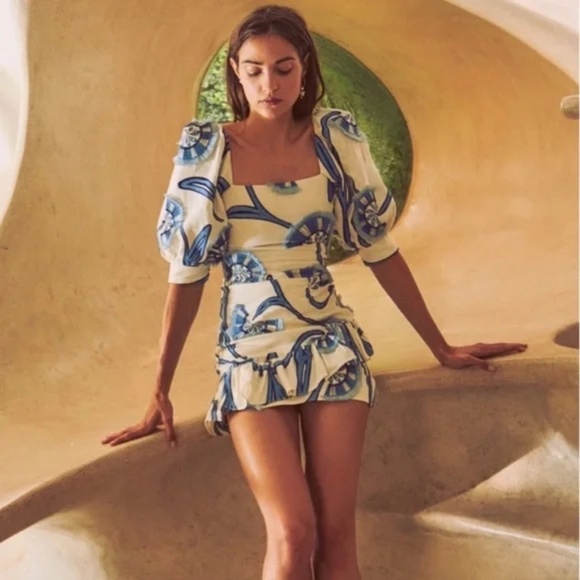 Alexis San Paolo Embroidered Blue and White Linen Toile Dress - Picture 4 of 10